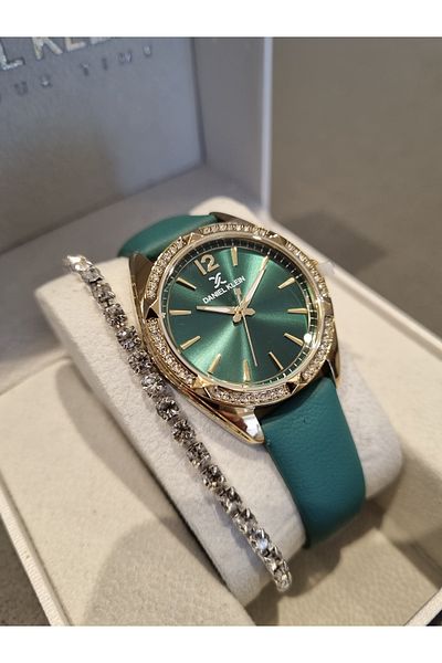 Daniel Klein New? Model Green Leather Women's Watch+Gift Bracelet with Stones