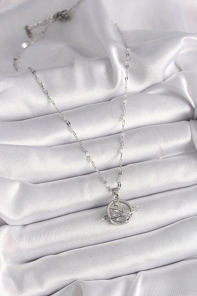 Skygo Chain Seat 316L Steel Silver Tone Zircon Star Detail Planet Model Women's Necklace