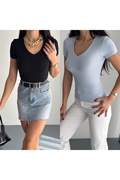 By Kuzey Aras Tricou de bază pentru femei, modal, cu decolteu în V - Textură ...