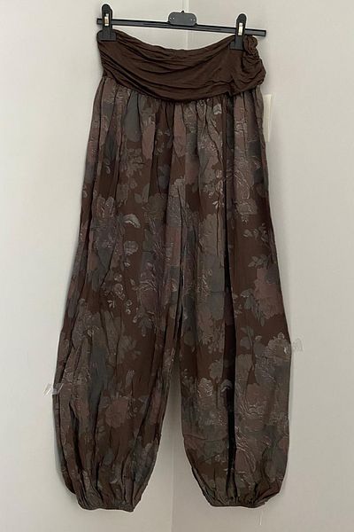 AYASOFYA OTANTIK Women's Italian Brown Floral Patterned Viscose Loose Baggy Trousers with Elastic Waist and Legs