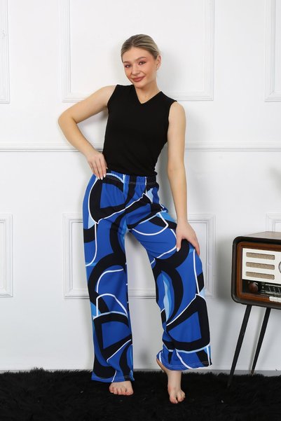 Mestore Fashion Line Women's Wide Leg Combed Cotton Cobalt blue Top and Bottom Set 5502