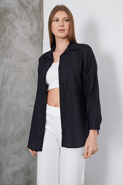 Paw Garage Women's London Linen Single Pocket Oversize Shirt, Premium Quality Linen Shirt