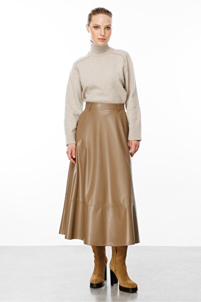 accort Cep Detaylı Uzun Deri Etek-VİZON