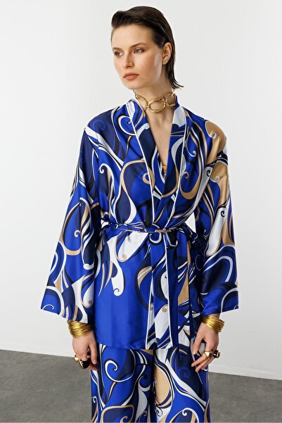 accort Soyut Desen Saten Gömlek-SAX