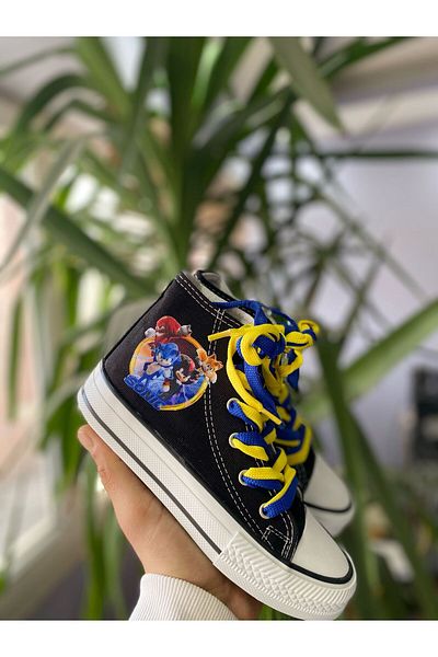 STARYOU STORE Sonic Printed Black Long Linen Sneaker Sports Shoes