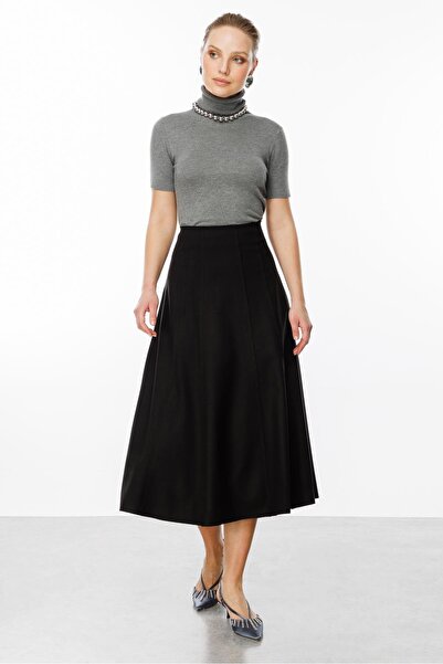 accort Yüksek Bel Uzun Kloş Etek-SİYAH
