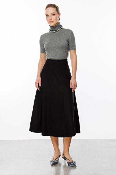 accort Yüksek Bel Uzun Kloş Etek-SİYAH