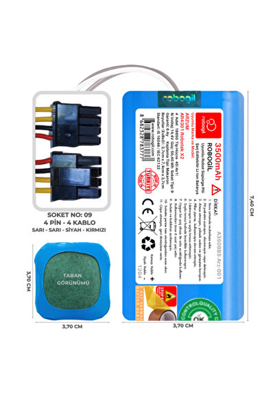 ROBOGİL Arzum Ar4301 Robotek X2 3500mah Pili Uyumlu Robot Süpürge Bataryası A3509bs-arz-001
