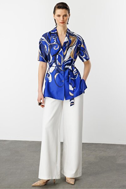 accort Kuşaklı Saten Gömlek-SAX