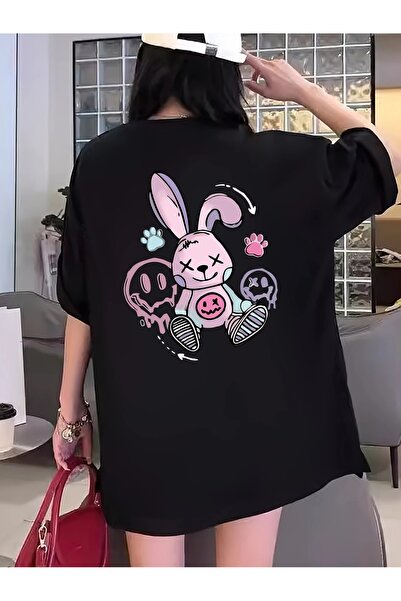 LAND MODA Γυναικείο γραφικό μπλουζάκι με χαμογελαστό κουνέλι σε μεγάλο μέγεθο...
