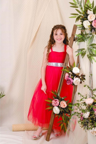 s.t. sebat tekstil Saten Gipeli,Uzun Tül Etekli Kız Çocuk Abiye Elbise