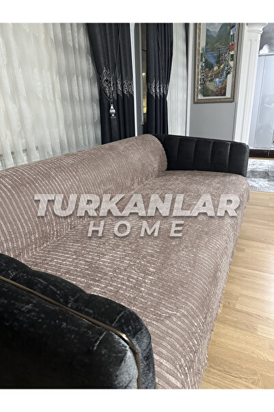 turkanlarhome Yeni Model Süngerli Çizgili Koltuk Çekyat Kanepe Örtüsü Koyu Bej Renk