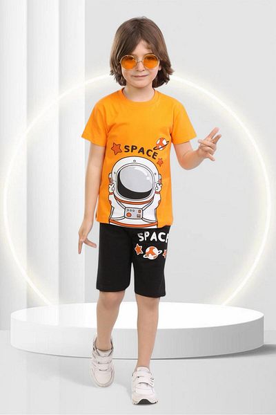 BUUFUU Summer Children's Space Printed Short Sleeve Crew Neck T-Shirt Shorts Bottom Top Set
