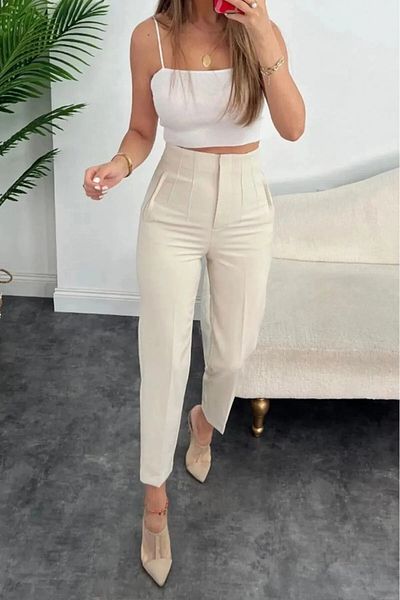 EN MODA STORE Carrot Leg Classic Stylish Women's Beige Trousers