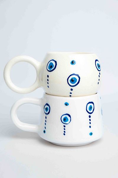 devigo Handmade Ceramic 2-Piece Evil Eye Coffee Cup, Ceramic Double Mug, 2 Handles, Ceramic Drop Evil Eye
