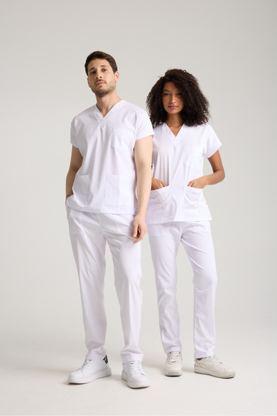 PandaForma Uniforme albă material elastic unisex pentru asistentă medicală, m...
