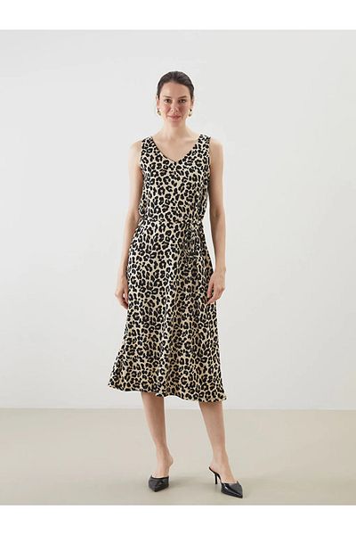 LC Waikiki Lcwaikiki Classic Brown V-Neck Leopard Print Dress