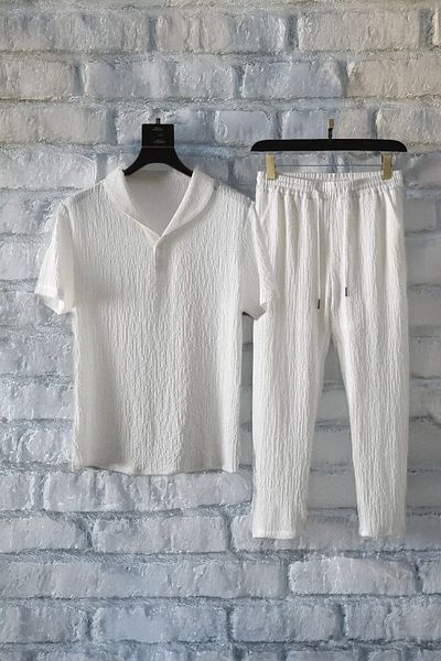 EVIus Unisex Summer Lycra Crinkle Fabric - Set de tricou cu maneca scurta si pantaloni de trening