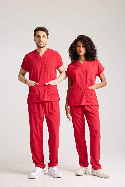 PandaForma Uniforme roșii material elastic unisex pentru asistentă medicală, ...