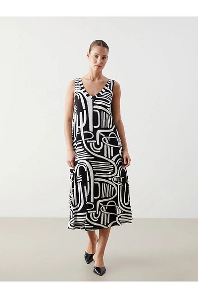 LC Waikiki Lcwaikiki Classic Black V Neck Print Women Dress