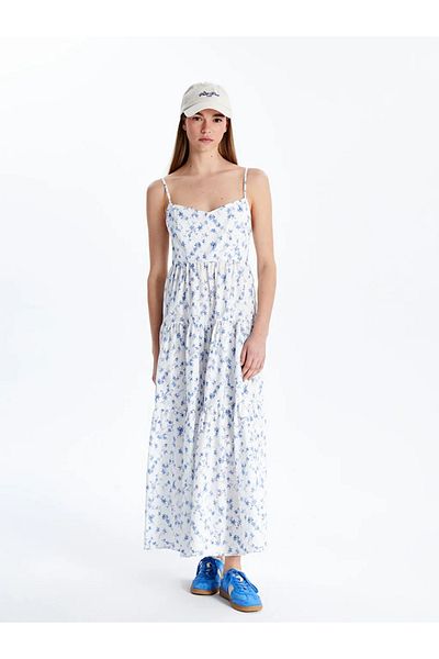 LC Waikiki XSIDE Rochie de damă din poplin floral cu decolteu în V alb