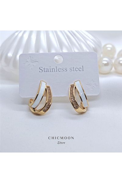 CHICMOON STORE Steel Gold Color Stone White Double Earrings
