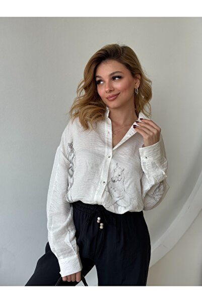 FEHUBLOOM Ecru-Black Horse Print Buttoned Shirt