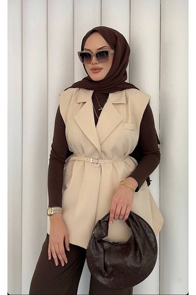 asyadabutik Women's Premium Quality Belted Oversize Blazer Vest