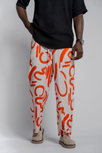 Morfine Men's Patterned Orange Baggy Trousers with Elastic Waist