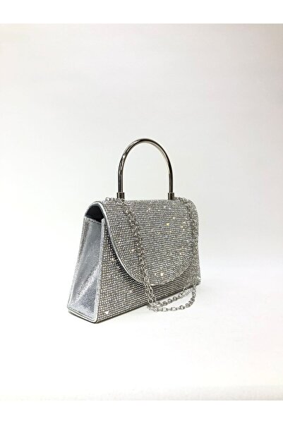 womenacs Silver Color Stone Stylish Evening Dress Clutch Portfolio Chain Strap Wedding Engagement Night Handbag