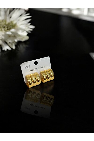 Miyoste Kadın Gold Renk Çelik Üçlü Triple Bombe Halka Küpe