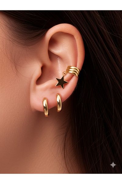 Miyoste Women's Gold Color Daisy Detailed Steel Hoop Earrings