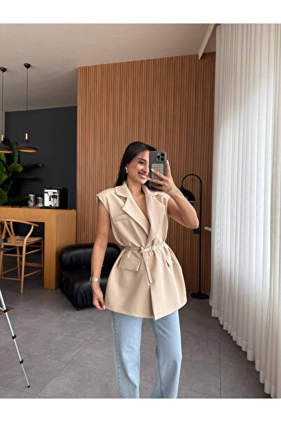 asyadabutik Women's Premium Quality Belted Oversize Blazer Vest