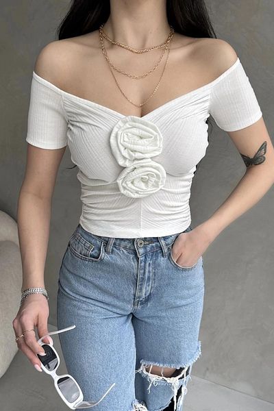 bacc Women's White Boat Neck Rose Detailed Crop Blouse Bcdf- 252181