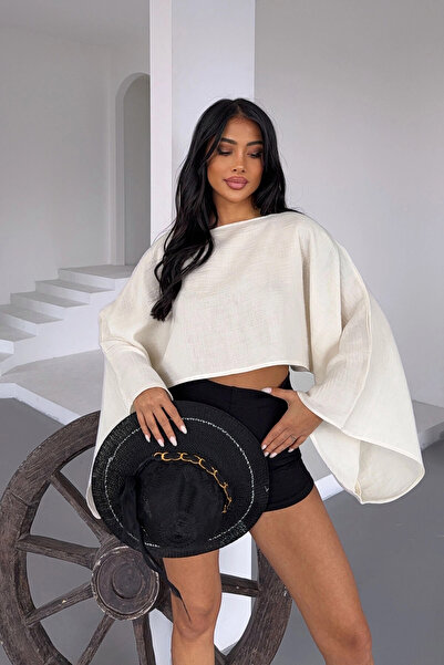 bacc Жіноча блузка з широким коміром, рукавами-крилами, з муслінової тканини,...