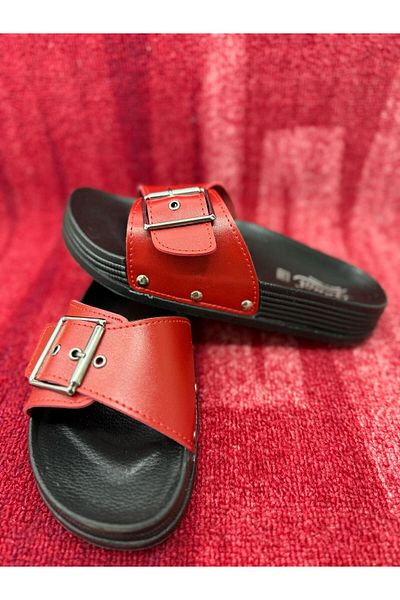 GÖNÜL Single Buckle Comfortable Stylish Daily Slippers Nubuck Red