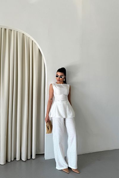 Modayakamoz Bluză-pantaloni fără mâneci din in jacquard Tk - alb