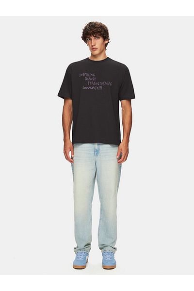 Ltb Short Sleeve Crew Neck Faded Effect Sıgn Printed Loose Black T-Shirt