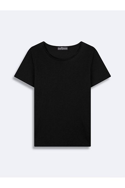 Ltb Tricou negru de bază cu mânecă scurtă și decolteu în U