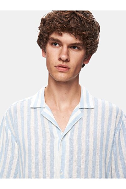 Ltb Relaxed Kısa Kollu Çizgili Basıc Dokuma Mavi Gömlek