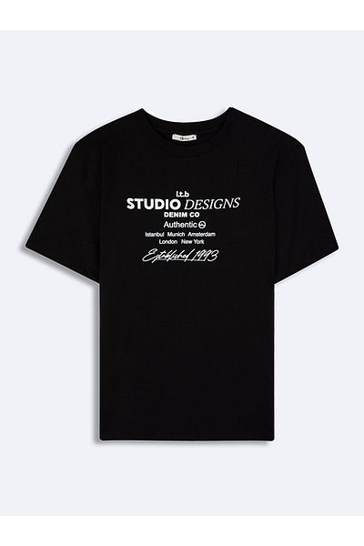 Ltb Tricou negru obișnuit cu mânecă scurtă cu decolteu