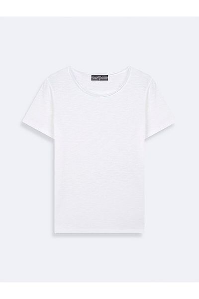 Ltb Tricou alb obișnuit cu mânecă scurtă și decolteu în U