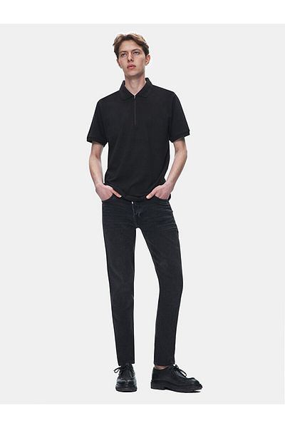 Ltb Polo Neck Zippered Short Sleeve Regular Black T-Shirt