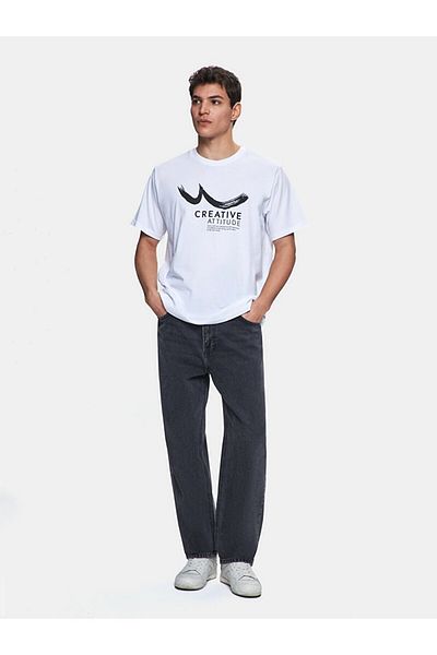 Ltb Tricou alb obișnuit cu mânecă scurtă cu decolteu