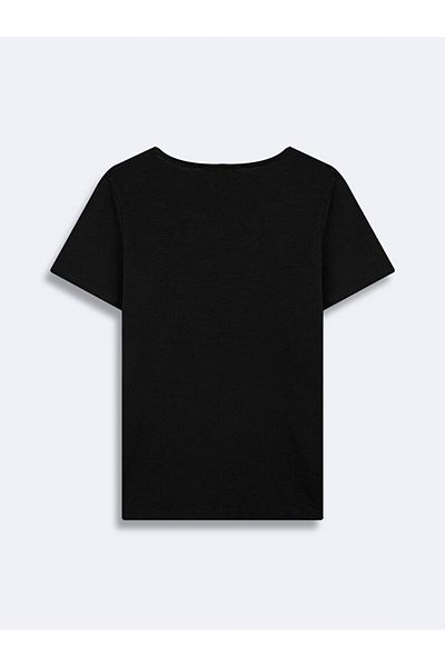 Ltb Tricou negru de bază cu mânecă scurtă și decolteu în U