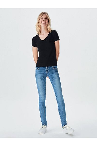 Ltb Tricou negru subțire de bază cu mânecă scurtă și decolteu în V