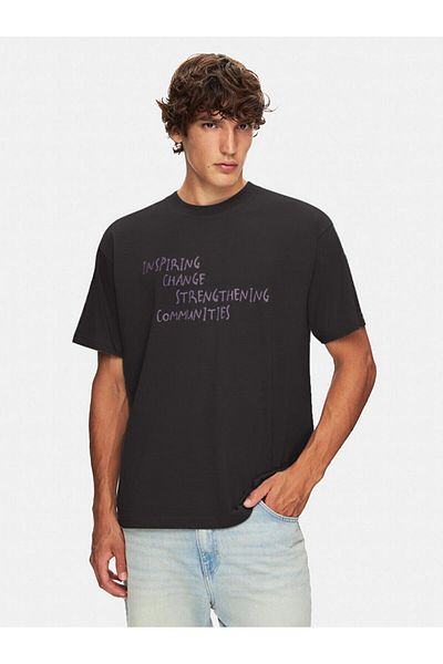 Ltb Short Sleeve Crew Neck Faded Effect Sıgn Printed Loose Black T-Shirt