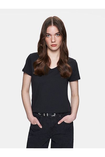 Ltb Tricou negru obișnuit cu mânecă scurtă și decolteu în V