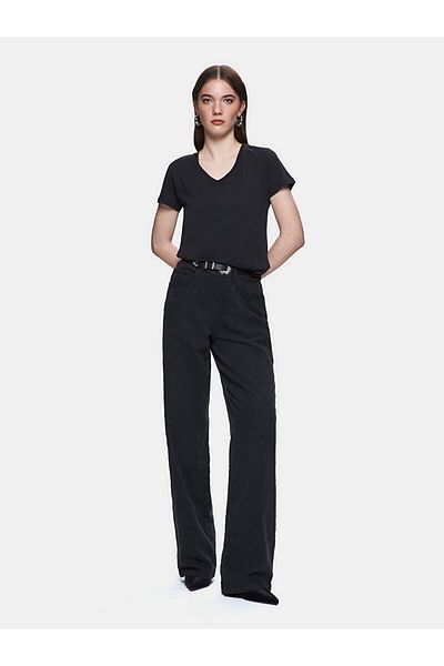 Ltb Tricou negru obișnuit cu mânecă scurtă și decolteu în V