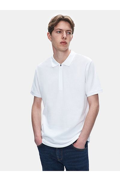 Ltb Polo Neck Zippered Short Sleeve Regular White T-Shirt